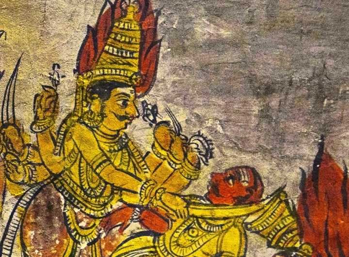 Lord Veerabhadra punishing Daksha and destroying Daksha Yagna, a part of Shiva and Sati story.