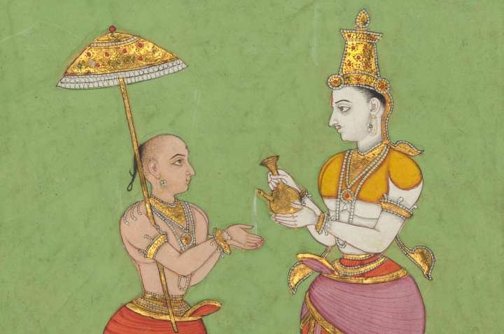 Vamana, an incarnation of Lord Vishnu with King Bali.